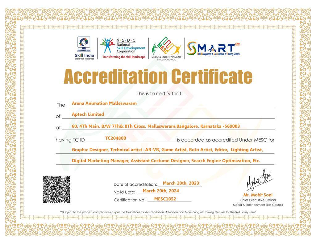 Arena Malleswaram Accreditation Certificate