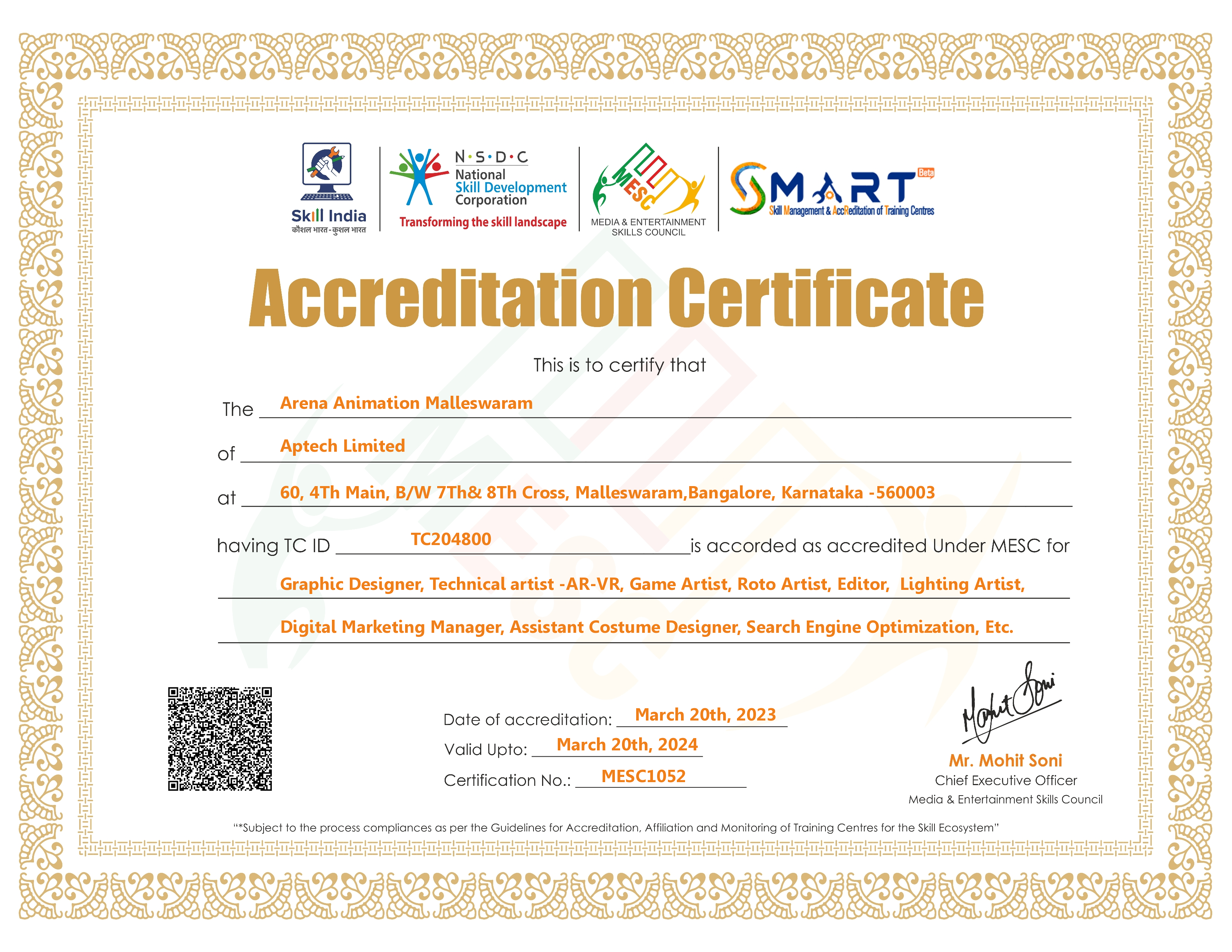 Arena Animation Malleswaram - MESC Certificate